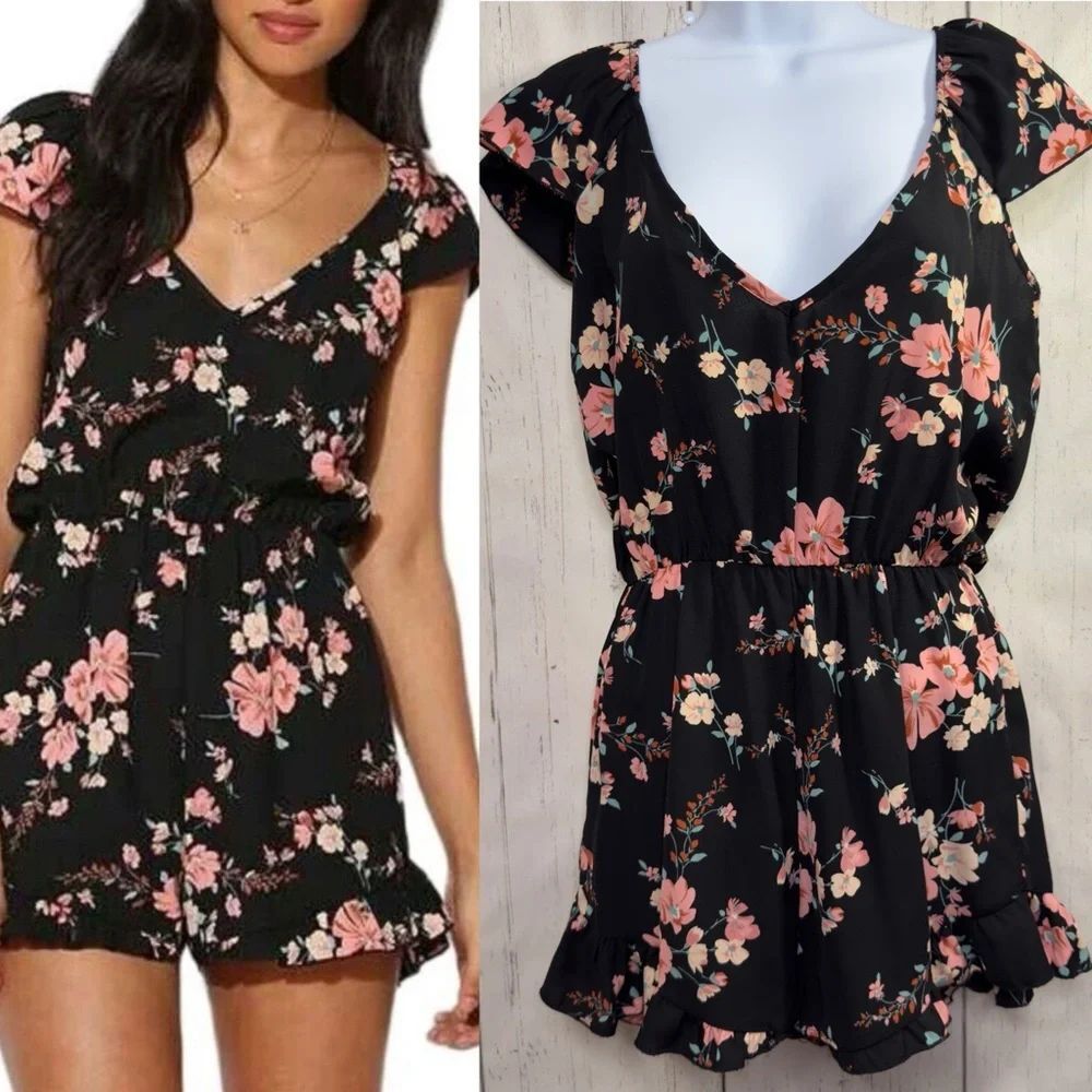Pins and Needles Black Floral Romper Ruffle Hem Boho Festival Coquette Size S